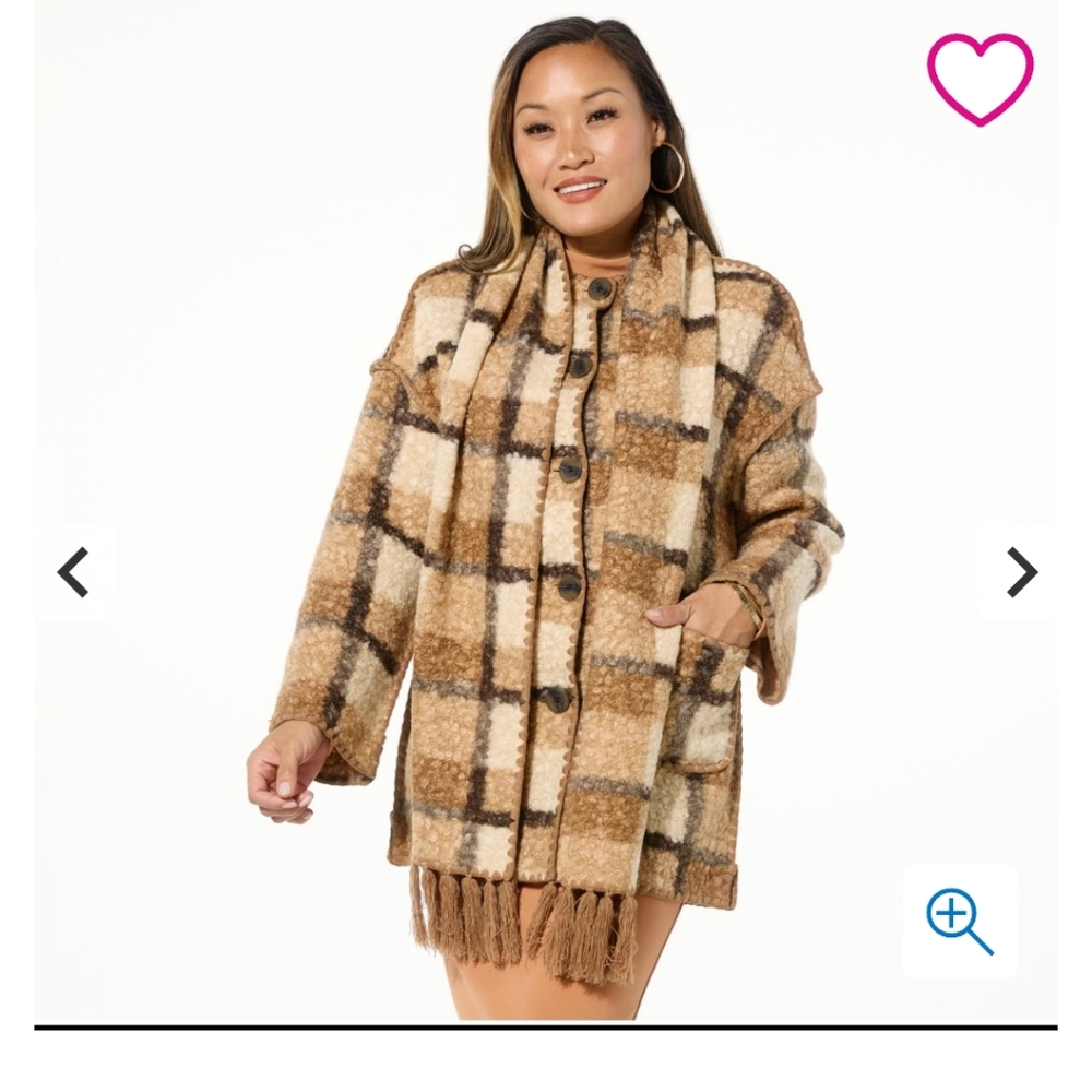 Badgley Mischka Plaid Tan and Cream Teddy Sweater/Jacket with Scarf and Pockets